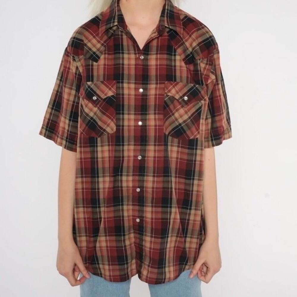 Vintage pains western wear checkered pearl snap shirt short sleeve size medium